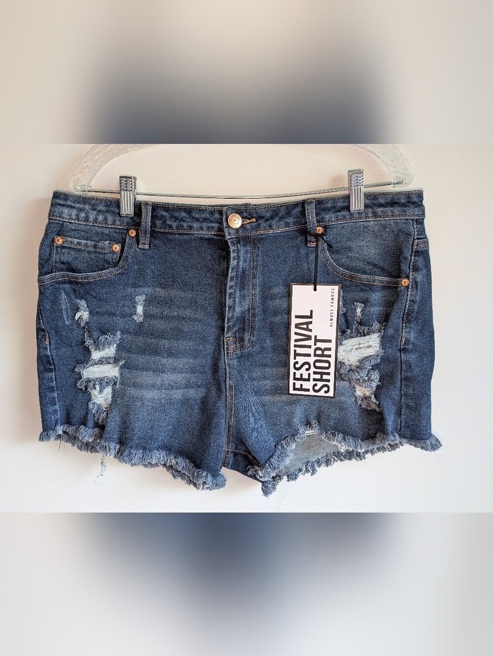 Almost Famous Festival Distressed Denim Shorts - Dark Blue Junior Size 17